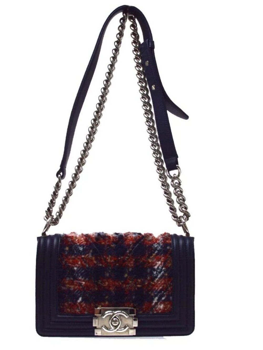 Best08/ Boy Chanel Blue Tweed Small Double Chain Shoulder Bag KQ01784